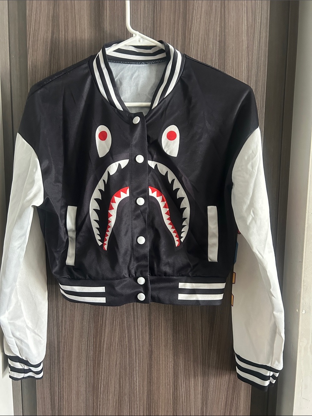 Black & White Shark Face Bomber Jacket - Red Accent